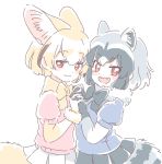  2girls :d animal_ears bangs black_gloves black_neckwear black_skirt blonde_hair blue_shirt blush_stickers bow bowtie common_raccoon_(kemono_friends) elbow_gloves eyebrows_visible_through_hair fangs fennec_(kemono_friends) fox_ears fox_tail from_side fur_trim gloves grey_hair hand_holding interlocked_fingers kemono_friends looking_at_viewer mitsumoto_jouji multicolored_hair multiple_girls open_mouth pink_shirt pleated_skirt puffy_short_sleeves puffy_sleeves raccoon_ears raccoon_tail red_eyes shirt short_hair short_sleeves simple_background skirt smile smug standing tail two-tone_hair white_background white_gloves white_skirt yellow_neckwear 