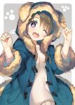  1girl ;d animal_hood bangs blue_coat blush brown_hair coat dog_hood duffel_coat eyebrows_visible_through_hair fang fur-trimmed_coat fur-trimmed_sleeves fur_trim grey_background hands_up head_tilt heart heart-shaped_pupils hood hood_up hooded_coat long_hair long_sleeves looking_at_viewer one_eye_closed open_mouth original paw_background round_teeth smile solo sweater symbol-shaped_pupils tareme tatami_to_hinoki teeth upper_body violet_eyes w_arms white_sweater winter_clothes winter_coat 