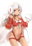  1girl altera_(fate) altera_the_santa bangs bare_shoulders blush breasts cleavage closed_mouth collarbone cowboy_shot dark_skin detached_sleeves earmuffs fate/grand_order fate_(series) gluteal_fold groin hands_up headband highres legs_apart light_frown long_sleeves looking_at_viewer medium_breasts midriff mittens navel red_choker red_eyes revealing_clothes santa_costume shiny shiny_skin short_hair sidelocks silver_(chenwen) silver_hair simple_background skindentation solo standing stomach swept_bangs thighs veil w_arms white_background 