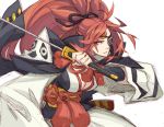  1girl baiken breasts cleavage eyepatch facial_tattoo guilty_gear guilty_gear_xrd holding holding_sword holding_weapon katana nayutarou_(nyt_kag) pink_eyes ponytail redhead solo sword tattoo weapon 