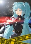  1girl absurdres aqua_eyes aqua_hair belt blurry caution_tape depth_of_field hatsune_miku highres icefurs keep_out long_hair looking_at_viewer necktie night open_mouth police skirt solo sunglasses twintails utility_belt very_long_hair vocaloid 