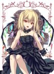  1girl bare_shoulders black_dress blonde_hair dress flandre_scarlet highres looking_at_viewer moneti_(daifuku) no_hat no_headwear open_mouth pointy_ears red_eyes side_ponytail sitting smile solo strapless strapless_dress touhou wings wrist_cuffs 