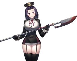  1girl bangs black_gloves black_jacket black_legwear breasts commentary_request cowboy_shot garter_straps gloves halo harau head_tilt highres holding holding_weapon jacket kantai_collection large_breasts lips long_sleeves looking_at_viewer neck_ribbon parted_bangs parted_lips polearm purple_hair red_neckwear red_ribbon ribbon shirt smile standing tatsuta_(kantai_collection) thigh-highs thigh_gap thighs transparent_background two-handed violet_eyes weapon white_shirt 