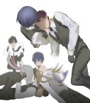  5boys apron azuki_nagamitsu_(touken_ranbu) black_neckwear blue_hair daihannya_nagamitsu_(touken_ranbu) dress_shirt falling gloves kenshin_kagemitsu kouryuu_kagemitsu lap_pillow looking_down male_focus multiple_boys necktie running shirt shokudaikiri_mitsutada shorts silver_hair socks touken_ranbu tuke_omio waistcoat 