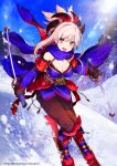  1girl adapted_costume blue_eyes fate/grand_order fate_(series) gloves hair_ornament mika_pikazo miyamoto_musashi_(fate/grand_order) pink_hair ponytail skiing skis smile snow solo 