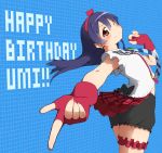  1girl birthday black_ribbon blue_hair bokura_wa_ima_no_naka_de character_name commentary_request cowboy_shot earrings fingerless_gloves frills from_side gloves happy_birthday homura_shinji jewelry leg_garter long_hair looking_at_viewer love_live! love_live!_school_idol_project necktie one_eye_closed plaid plaid_background plaid_skirt pointing pointing_at_viewer red_gloves red_skirt ribbon shirt short_sleeves skirt smile solo sonoda_umi striped_neckwear white_shirt yellow_eyes 