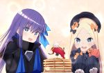  +_+ 2girls :d abigail_williams_(fate/grand_order) absurdres bangs black_bow black_coat black_dress black_hat blonde_hair blue_eyes blue_ribbon bow commentary_request dress eyebrows_visible_through_hair fate/grand_order fate_(series) food forehead hair_between_eyes hair_bow hair_ribbon hat highres i.f.s.f long_hair long_sleeves looking_at_viewer meltlilith multiple_girls object_hug open_mouth orange_bow pancake parted_bangs polka_dot polka_dot_bow ribbon sleeves_past_wrists smile stack_of_pancakes stuffed_animal stuffed_toy syrup teddy_bear very_long_hair violet_eyes 