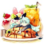  +_+ 1boy banana_slice blue_eyes blue_hair blueberry drink drinking_straw food fruit gloves houhou_(black_lack) ice ice_cube julio_(precure) kirakira_precure_a_la_mode kirarin_(precure) lying male_focus miniboy on_stomach plate precure strawberry waffle white_gloves 