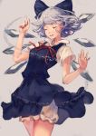  1girl blue_dress blue_hair blue_ribbon bow cirno closed_eyes dress hair_bow highres ice ice_wings open_mouth red_bow red_ribbon ribbon short_hair short_sleeves simple_background smile solo touhou wing_collar wings yuusei_tsukiro 