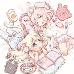  2girls ahoge animal_ears bed_sheet blonde_hair bloomers blouse book bunny_tail camisole candy cat_ears cat_tail checkerboard_cookie clenched_hands closed_eyes commentary_request cookie cup food frilled_pillow frills head_rest lollipop long_hair lying marshmallow mokarooru multiple_girls navel on_side on_stomach open_book open_mouth original paw_print_pattern pillow pink_hair rabbit_ears short_hair slippers striped striped_legwear stuffed_animal stuffed_bunny stuffed_cat stuffed_toy tail teacup thigh-highs underwear 