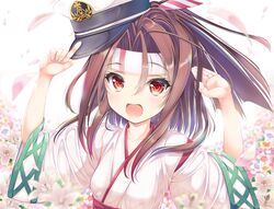  1girl :d brown_eyes collarbone commentary_request hachimaki hat headband high_ponytail japanese_clothes kantai_collection kimono light_brown_hair long_hair open_mouth peaked_cap petals pink_flower smile solo tenmu_shinryuusai white_flower white_kimono wide_sleeves yellow_flower zuihou_(kantai_collection) 