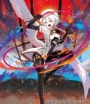  boots braid breasts cleavage elbow_gloves fire gloves halo large_breasts long_hair official_art open_mouth red_eyes shiny shiny_clothes thigh-highs thigh_boots tokiti whip white_hair wings wixoss 
