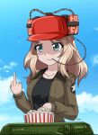  coca-cola collarbone cyber_(cyber_knight) girls_und_panzer ground_vehicle hat kay_(girls_und_panzer) middle_finger military military_uniform military_vehicle motor_vehicle saunders_military_uniform saunders_school_uniform tank uniform 