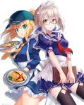  2girls :o apron artoria_pendragon_(all) black_legwear blonde_hair blue_eyes blush breasts fate_(series) floating_hair food glasses hair_between_eyes holding long_hair long_sleeves looking_at_viewer maid maid_apron maid_headdress multiple_girls mysterious_heroine_x mysterious_heroine_x_(alter) necktie nonono open_mouth ponytail puffy_sleeves short_hair short_sleeves sidelocks signature simple_background small_breasts white_background yellow_eyes 