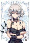  1girl bare_shoulders black_dress blue_eyes bow braid breast_hold breasts cleavage closed_mouth dagger detached_collar dress eyebrows_visible_through_hair hair_between_eyes hair_bow highres izayoi_sakuya large_breasts lips moneti_(daifuku) pocket_watch short_hair silver_hair solo touhou twin_braids upper_body watch weapon wrist_cuffs 