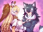  2girls animal_ears between_breasts black_hair blonde_hair blue_eyes blush breast_grab brown_eyes commentary_request fur_collar giraffe_ears giraffe_horns giraffe_print grabbing grey_wolf_(kemono_friends) hair_over_one_eye highres kemono_friends long_hair long_sleeves multicolored_hair multiple_girls necktie necktie_between_breasts reticulated_giraffe_(kemono_friends) shirt tsuki_wani white_hair white_shirt wolf_ears yuri 