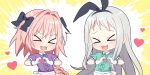  &gt;_&lt; 2boys :3 :d apron astolfo_(fate) bangs black_bow black_ribbon blend_s blouse blush bow braid center_frills chibi commentary crossover fang fate/apocrypha fate/grand_order fate_(series) gloves green_blouse grey_hair hair_bow hair_intakes hair_ribbon heart heart_hands kanzaki_hideri kitsuneco long_braid long_hair multiple_boys open_mouth pink_hair purple_blouse ribbon short_sleeves single_braid smile trait_connection trap upper_body x3 xd 