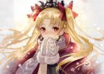  1girl bangs blush bow cape closed_mouth earrings ereshkigal_(fate/grand_order) eyebrows_visible_through_hair fate/grand_order fate_(series) hair_bow jewelry long_hair looking_at_viewer mittens motion_blur nose_blush own_hands_together parted_bangs red_bow red_cape scarf smile snowflakes snowing solo sparkle tareme terai_(teraimorimori) tiara tohsaka_rin two_side_up upper_body very_long_hair white_scarf 