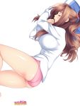 1girl amagamido ass bare_legs blush breasts brown_hair closed_eyes cropped_legs highres kumi_(amagamido) large_breasts long_hair lying on_side original panties pillow pink_panties shiny shiny_skin shirt side_ponytail simple_background sleeping solo underwear white_background white_shirt 
