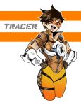  1girl :d black_gloves bomber_jacket breasts brown_eyes brown_hair character_name collarbone cropped_legs eron eyebrows_visible_through_hair gloves goggles hands_on_hips harness head_tilt highres jacket looking_at_viewer medium_breasts open_mouth overwatch short_hair smile solo tracer_(overwatch) union_jack white_background 