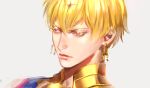  1boy armor blonde_hair closed_mouth earrings eyelashes fate/grand_order fate_(series) gem gilgamesh gilgamesh_(caster)_(fate) gold grey_background jewelry lips looking_afar male_focus portrait red_eyes simple_background solo upper_body yosi135 