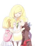  1boy 2girls aether_foundation backpack bag blonde_hair brother_and_sister closed_eyes dress gladio_(pokemon) green_eyes highres hood hoodie hug lillie_(pokemon) long_hair long_sleeves lusamine_(pokemon) mei_(maysroom) mother_and_daughter mother_and_son multiple_girls npc npc_trainer open_mouth pokemon pokemon_(anime) pokemon_(game) pokemon_sm pokemon_sm_(anime) ponytail rival_(pokemon) shirt short_dress short_hair short_sleeves siblings simple_background skirt tearing_up torn_clothes white_background white_shirt white_skirt 