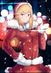  1girl ahoge alternate_costume anonamos blonde_hair coat eyebrows_visible_through_hair fur-trimmed_coat fur-trimmed_sleeves fur_trim hand_on_hip hat highres long_hair mittens rwby santa_hat smile solo violet_eyes white_mittens yang_xiao_long 