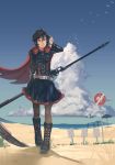  anonamos beach_umbrella bird black_hair blue_skirt boots cape capelet character_request clouds crescent_rose cross-laced_footwear highres lace-up_boots lolita_fashion no_symbol ocean pantyhose red_cape ruby_rose rwby sand seagull short_hair skirt smile umbrella water 