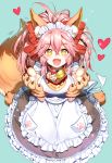  1girl :d animal_ears apron aqua_background blush cake eyebrows_visible_through_hair fate/grand_order fate_(series) food fox_ears fox_tail from_above gloves happy heart long_hair looking_at_viewer maid maid_headdress majiang open_mouth paw_gloves paws pink_hair simple_background smile solo tail tamamo_(fate)_(all) tamamo_cat_(fate) yellow_eyes 