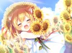  1girl :d ^_^ amamine animal_ears bangs blonde_hair blue_sky blush bow cat_ears cat_girl cat_tail closed_eyes clouds collarbone commentary_request day dress dutch_angle eyebrows_visible_through_hair facing_viewer fangs field flower flower_field hair_between_eyes hair_bow hat long_hair object_hug open_mouth original outdoors pink_bow red_ribbon ribbon sky sleeveless sleeveless_dress smile solo straw_hat sundress sunflower sunlight tail twintails white_dress 