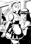  1girl apron breasts cleavage closed_mouth commentary_request copyright_request eyebrows_visible_through_hair fingernails greyscale holding holding_tray large_breasts leg_garter long_hair maid maid_apron maid_headdress monochrome nanahime puffy_short_sleeves puffy_sleeves short_sleeves skirt smile solo tray twintails waitress wrist_cuffs 