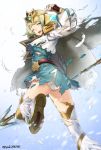  1girl aqua_eyes belt blonde_hair cape crown dress feathers fire_emblem fire_emblem_heroes fjorm_(fire_emblem_heroes) from_side highres holding holding_weapon jam8686 long_sleeves looking_to_the_side one_eye_closed one_leg_raised open_mouth polearm short_dress short_hair snowing solo spear thigh-highs torn_cape torn_clothes twitter_username weapon 