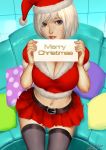  1girl ariverkao blue_eyes breasts christmas cleavage english fur_trim hat holding holding_sign large_breasts lips looking_at_viewer merry_christmas midriff navel original pleated_skirt santa_costume santa_hat short_hair sign signature silver_hair sitting skirt solo thigh-highs 