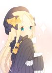  1girl abigail_williams_(fate/grand_order) bangs black_bow black_dress black_hat blonde_hair blue_eyes blush bow commentary_request cup dress eyebrows_visible_through_hair fate/grand_order fate_(series) forehead hair_bow hat holding holding_cup holding_saucer long_sleeves looking_at_viewer orange_bow parted_bangs polka_dot polka_dot_bow saucer sleeves_past_wrists solo sparkle tp_(kido_94) upper_body 