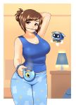  1girl arm_behind_head arm_up bangs blue_pants blue_shirt border bracelet breasts brown_eyes brown_hair casual cleavage cloud_print collarbone cowboy_shot cup eron eyebrows_visible_through_hair hair_ornament hairpin head_tilt highres holding indoors jewelry lamp large_breasts looking_at_viewer mei_(overwatch) mouth_hold mug outside_border overwatch pants shirt sleeveless sleeveless_shirt snowball_(overwatch) star star_print steam swept_bangs tank_top 