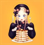  1girl abigail_williams_(fate/grand_order) bangs black_bow black_dress black_hat blonde_hair blue_eyes blush bow butter butterfly commentary_request dress drooling english fate/grand_order fate_(series) food forehead fork hair_bow hands_up hat holding holding_fork holding_knife knife long_hair long_sleeves looking_at_viewer object_hug ohagi_(ymnky) open_mouth orange_bow pancake parted_bangs plate polka_dot polka_dot_bow sleeves_past_wrists solo stack_of_pancakes stuffed_animal stuffed_toy syrup teddy_bear upper_teeth yellow_background 