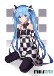  1girl 2017 absurdres bare_shoulders black_legwear blue_eyes blue_hair character_name checkered checkered_dress collar dress hatsune_miku highres long_hair looking_at_viewer nagisa_(pixiv17634981) pantyhose sitting smile solo twintails very_long_hair vocaloid 