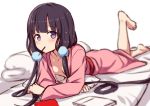  1girl bangs barefoot blend_s blunt_bangs blurry blurry_background blush breasts commentary_request depth_of_field eyebrows_visible_through_hair food hiraga_matsuri long_hair long_sleeves looking_at_viewer low_twintails lying mouth_hold naked_kimono no_bra on_stomach pocky purple_hair sakuranomiya_maika simple_background small_breasts solo towel twintails very_long_hair violet_eyes white_background 