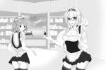  2girls alternate_costume bespectacled bookshelf breasts cleavage commentary enmaided glasses highres kantai_collection maid monochrome multiple_girls pacific panties pantyshot shoukaku_(kantai_collection) thenyaaneco thigh-highs underwear uss_arizona_(bb-39) 