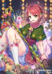  1girl bell box brown_gloves brown_hair christmas copyright_name flower gift gift_box gloves green_eyes green_ribbon hair_ribbon horns interitio official_art open_mouth ribbon rod sid_story sitting smile snowflakes solo star 