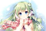  1girl blue_eyes blush cardigan earmuffs frog green_hair hair_accessories headphones kochiya_sanae long_hair miyase_mahiro neckerchief open_mouth scarf seifuku snake snow touhou 