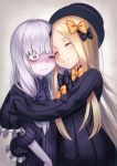  2girls abigail_williams_(fate/grand_order) bags_under_eyes bangs black_bow black_dress black_hat blonde_hair blush bow closed_eyes closed_mouth commentary dress fate/grand_order fate_(series) hair_bow hat hug koko_(koko3) lavinia_whateley_(fate/grand_order) long_hair long_sleeves looking_at_viewer multiple_girls nose_blush one_eye_closed orange_bow parted_bangs pink_eyes polka_dot polka_dot_bow sleeves_past_wrists smile very_long_hair white_hair wide-eyed 