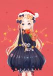  1girl :o abigail_williams_(fate/grand_order) absurdres alternate_headwear bangs black_bow black_dress blonde_hair bloomers blue_eyes bow box butterfly commentary_request dress fate/grand_order fate_(series) forehead gift gift_box hair_bow hat highres key long_hair long_sleeves looking_at_viewer object_hug orange_bow parted_bangs parted_lips polka_dot polka_dot_bow red_background red_hat relk santa_hat sleeves_past_wrists solo sparkle star stuffed_animal stuffed_toy teddy_bear underwear very_long_hair white_bloomers 