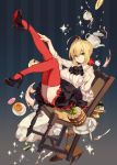  1girl ahoge alternate_costume bangs black_neckwear black_skirt blonde_hair boots bow breasts cake chair commentary_request doughnut eyebrows_visible_through_hair falling fate/extra fate/grand_order fate_(series) food frilled_skirt frills furniture green_eyes hair_intakes hair_ribbon high_heel_boots high_heels large_breasts legs_up nero_claudius_(fate) nero_claudius_(fate)_(all) oneko red_bow red_frills red_legwear ribbon shirt short_hair sidelocks sitting skirt smile solo thigh-highs thighs white_shirt zettai_ryouiki 