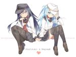  2girls ;) akatsuki_(kantai_collection) anchor_symbol aqua_eyes aqua_hair black_hair black_legwear character_name commentary_request dress full_body hat hibiki_(kantai_collection) kantai_collection long_sleeves multiple_girls neckerchief one_eye_closed pantyhose rei_(rei&#039;s_room) remodel_(kantai_collection) sailor_collar school_uniform serafuku shoes simple_background skirt smile thigh-highs verniy_(kantai_collection) violet_eyes white_background 