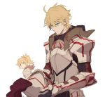  1boy 1girl armor blonde_hair fate/apocrypha fate_(series) green_eyes headwear_removed helmet helmet_removed mordred_(fate) mordred_(fate)_(all) mordred_(fate/prototype) ponytail simple_background upper_body white_background 