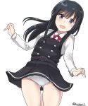  1girl absurdres asashio_(kantai_collection) bangs belt_buckle black_belt black_dress black_hair blue_eyes bow bow_panties buckle collared_shirt commentary_request dress eyebrows_visible_through_hair gluteal_fold hair_between_eyes highres kantai_collection kiritto leaning_to_the_side long_sleeves looking_at_viewer open_mouth panties pantyshot pantyshot_(standing) pinafore_dress red_ribbon remodel_(kantai_collection) ribbon shirt simple_background solo standing twitter_username underwear white_background white_panties white_shirt 