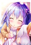  2girls :o bangs blush breasts chestnut_mouth closed_eyes collarbone facing_viewer flat_chest from_above gochuumon_wa_usagi_desu_ka? hair_ornament hairclip hand_on_own_chest highres hood hooded_jacket hoto_cocoa jacket kafuu_chino light_blue_hair locked_arms long_hair medium_breasts multiple_girls open_mouth orange_hair petals pom_pom_(clothes) rouka_(akatyann) shirt sidelocks white_shirt x_hair_ornament yellow_jacket 