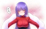  1girl ^_^ bangs blunt_bangs blush bodysuit breasts breath closed_eyes closed_mouth eyebrows_visible_through_hair facing_viewer hair_ornament hizuki_akira large_breasts long_hair natsume_(pokemon) outstretched_arms pink_background pokemon purple_hair red_bodysuit scarf smile snowflake_hair_ornament solo speech_bubble spread_arms straight_hair translation_request underbust upper_body very_long_hair white_scarf 