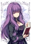 1girl black_bow black_dress book bow breasts cleavage commentary_request dress hair_bow highres holding holding_book large_breasts long_hair looking_at_viewer moneti_(daifuku) no_hat no_headwear patchouli_knowledge purple_hair touhou upper_body violet_eyes 